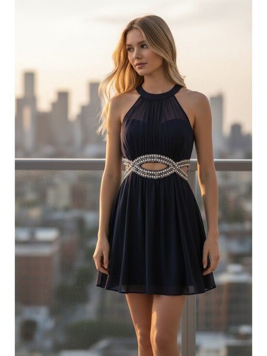 Speechless Dresses & Skirts - "It Girl" Blue Ruched Halter Mini Dress Glamorous Cocktail Art Deco Old Money